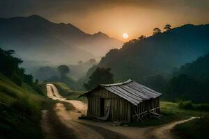 une petit cabane est assis sur une saleté route dans le montagnes. généré par ai photo