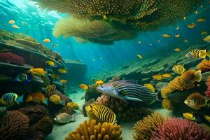 un sous-marin scène avec beaucoup coloré poisson. généré par ai photo