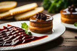 deux petit Gâteaux sur blanc assiettes avec sauce. généré par ai photo