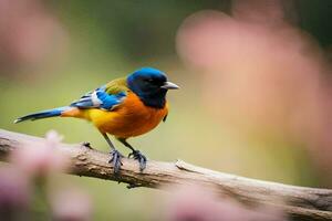 une coloré oiseau est assis sur une branche. généré par ai photo