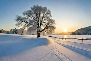 une arbre dans le neige avec le Soleil réglage derrière il. généré par ai photo