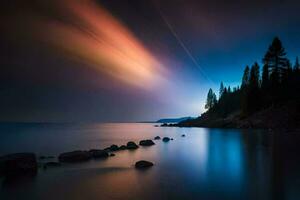 une longue exposition photographier de une Lac à nuit. généré par ai photo