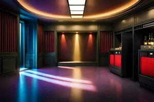 une pièce avec rouge et violet lumières sur le des murs. généré par ai photo