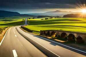 une route avec une pont et vert des champs à le coucher du soleil. généré par ai photo