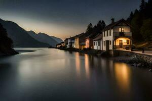 une maison sur le rivière à crépuscule. généré par ai photo