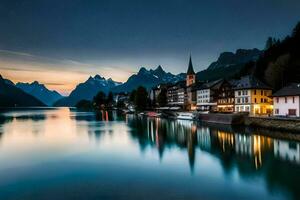 une ville est assis sur le rive de une Lac à crépuscule. généré par ai photo