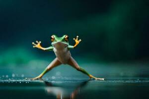 une grenouille permanent sur ses de derrière jambes avec ses bras tendu. généré par ai photo