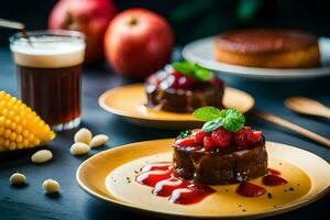 deux desserts sur assiettes avec une verre de Pomme jus. généré par ai photo