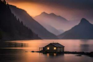 une petit cabine est assis sur le rive de une Lac à le coucher du soleil. généré par ai photo