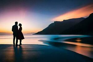 une couple permanent sur le plage à le coucher du soleil. généré par ai photo