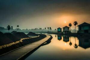 une canal avec Maisons et une pont à le coucher du soleil. généré par ai photo