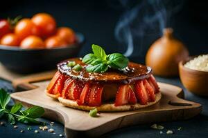 une fraise dessert avec une sauce et tomates. généré par ai photo