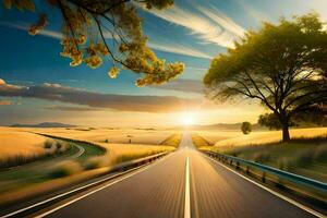 une route avec des arbres et une Soleil réglage plus de il. généré par ai photo