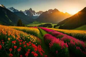 le Soleil monte plus de une champ de fleurs dans le montagnes. généré par ai photo