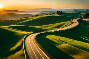 le route à le le coucher du soleil. généré par ai photo