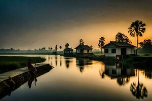 une maison sur le l'eau avec une le coucher du soleil derrière il. généré par ai photo