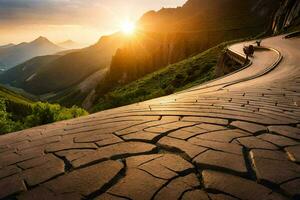 le Soleil ensembles plus de une route dans le montagnes. généré par ai photo