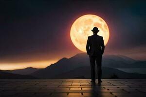 une homme dans une costume et chapeau des stands dans de face de une plein lune. généré par ai photo
