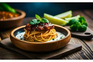 spaghetti avec Viande et sauce dans une bol. généré par ai photo