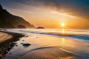 le Soleil monte plus de le océan et rochers sur le plage. généré par ai photo