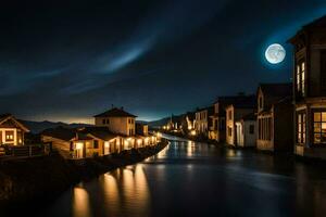 une canal dans le milieu de une ville à nuit. généré par ai photo