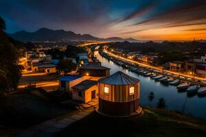 une vue de le ville à nuit avec bateaux et Maisons. généré par ai photo