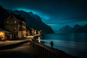 une homme des promenades le long de le rive de une Lac à nuit. généré par ai photo