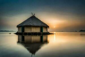 une cabane est assis sur le l'eau à le coucher du soleil. généré par ai photo