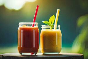 deux des lunettes de smoothies sur une en bois tableau. généré par ai photo