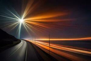 une longue exposition photographier de une Autoroute à nuit. généré par ai photo