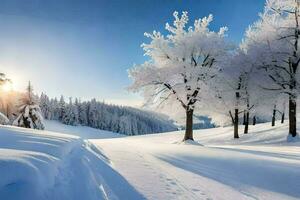 neige couvert des arbres dans le Soleil. généré par ai photo