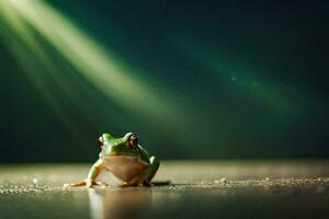 une grenouille séance sur le sol avec lumière brillant sur il. généré par ai photo