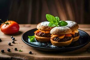 Trois mini des hamburgers sur une assiette avec tomates et herbes. généré par ai photo