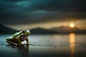 une grenouille séance sur le rive à le coucher du soleil. généré par ai photo