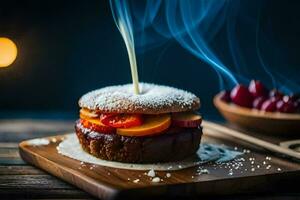 une Pâtisserie avec fruit et sucre étant versé sur Haut. généré par ai photo