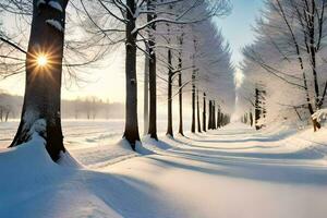 une neigeux route doublé avec des arbres et le Soleil. généré par ai photo