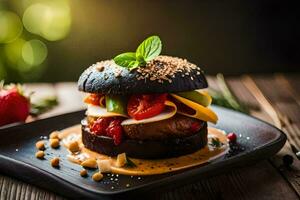 une Burger avec des légumes et sauce sur une noir plaque. généré par ai photo