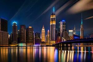 le Manhattan horizon à nuit. généré par ai photo