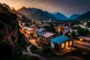 une village à crépuscule dans le montagnes. généré par ai photo