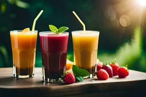 Trois des lunettes de jus avec des fraises et framboises. généré par ai photo