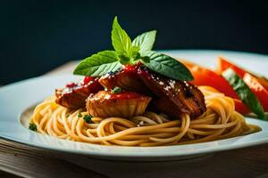 une assiette de spaghetti avec Viande et des légumes. généré par ai photo