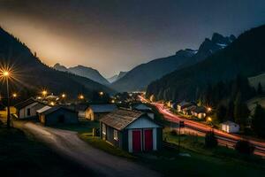 une village à nuit avec lumières sur le route. généré par ai photo