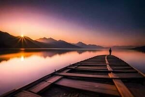 une homme des stands sur une en bois Dock à le coucher du soleil. généré par ai photo