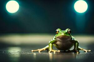 une grenouille séance sur le sol dans de face de une projecteur. généré par ai photo