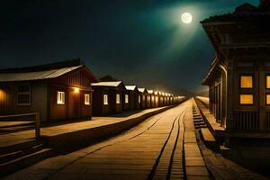 une longue rangée de en bois Maisons à nuit avec une plein lune. généré par ai photo