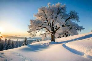 une arbre couvert dans neige à le coucher du soleil. généré par ai photo