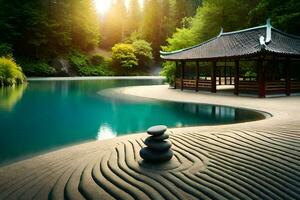 une pagode est assis sur le rive de une Lac avec rochers. généré par ai photo