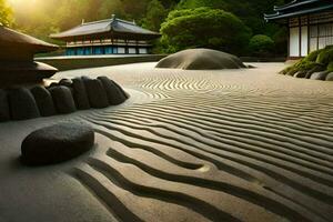 une Japonais jardin avec rochers et sable. généré par ai photo