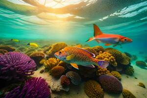 photo fond d'écran mer, corail, poisson, le soleil, le océan, le génial barrière récif,. généré par ai