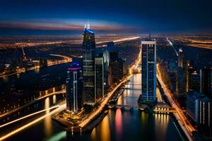 le ville de Dubai à nuit avec lumières sur. généré par ai photo